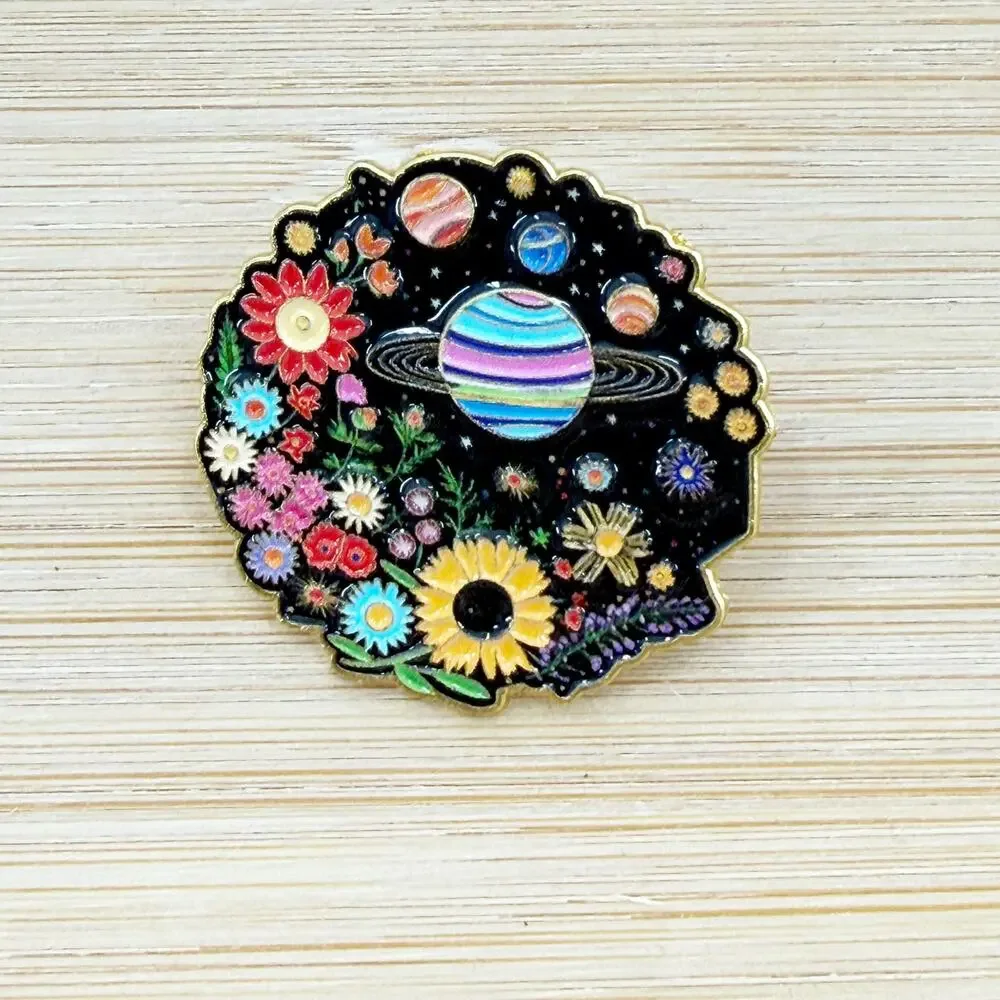 Space Garden Enamel Pin Planets Flowers Galaxy Astronomy Nature Celestial Pin